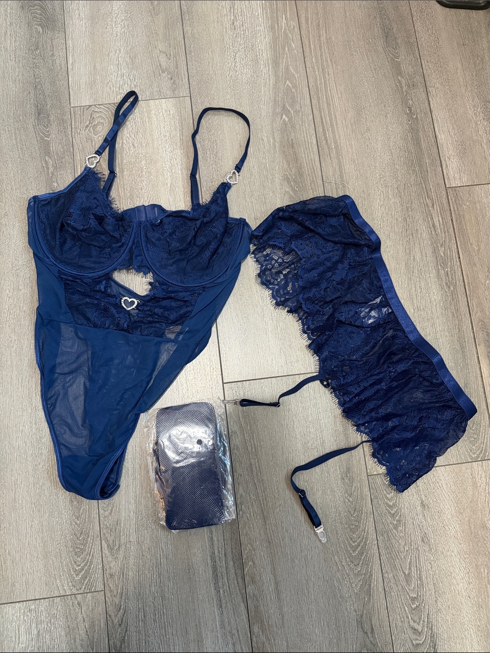 Navy Lace Bodysuit & Garter Set - Elegant Women's Intimates